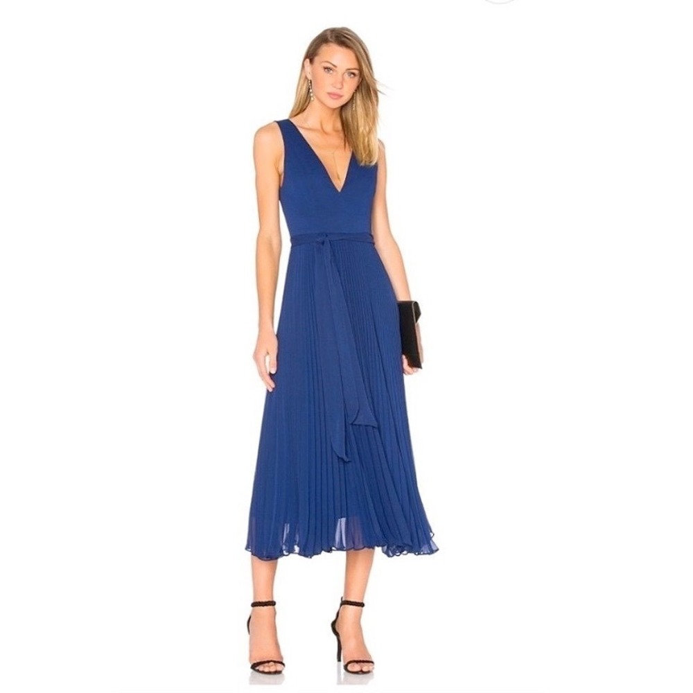 Alice + Olivia Ryn Wedding Guest Midi Dress Blue Pleated V-Neck Tie Waist Size 2